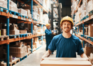 Man carrying box in warehouse with hard hat on 